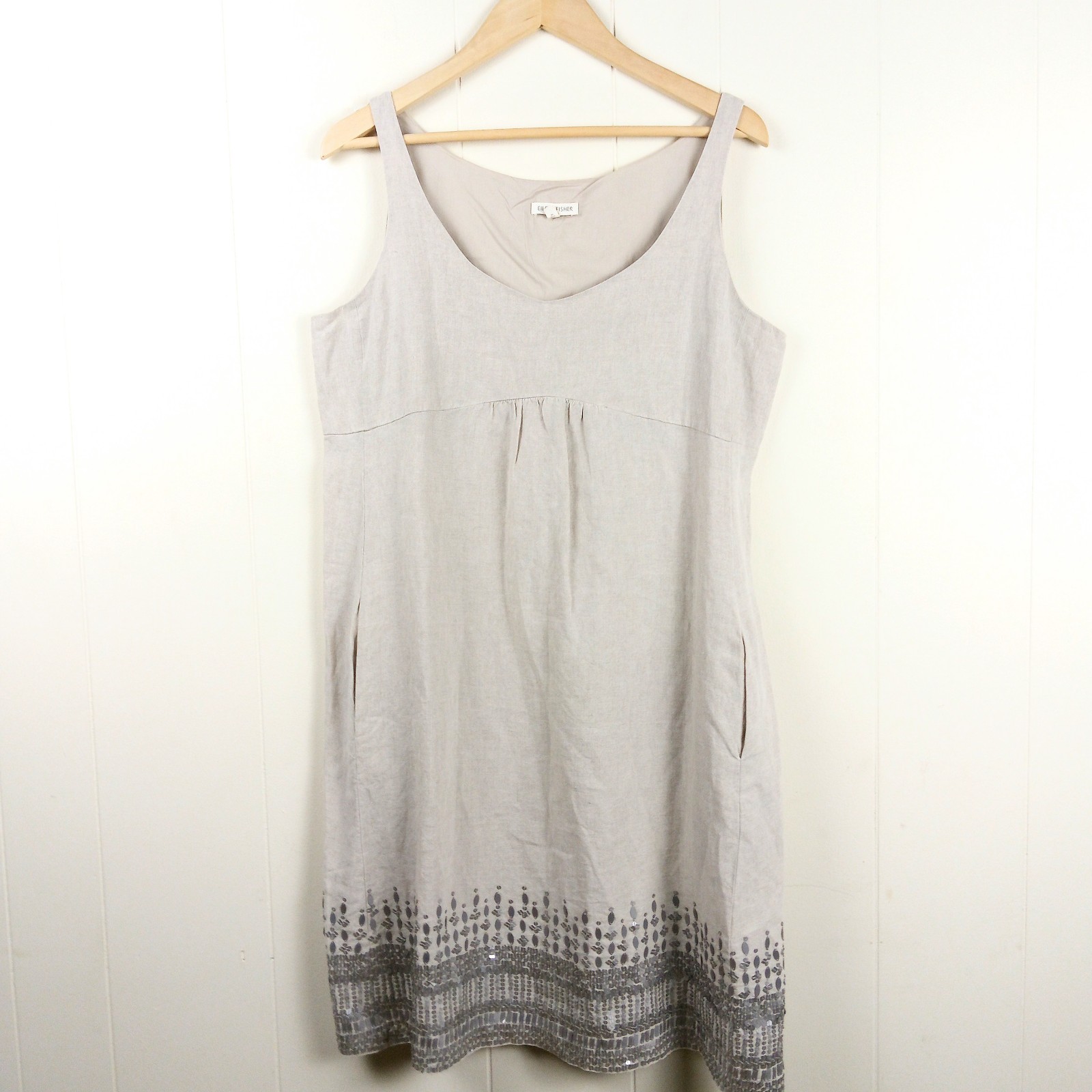 Eileen Fisher Organic Linen Sequin Trim Dress Size 12 Beige Empire Waist Pockets