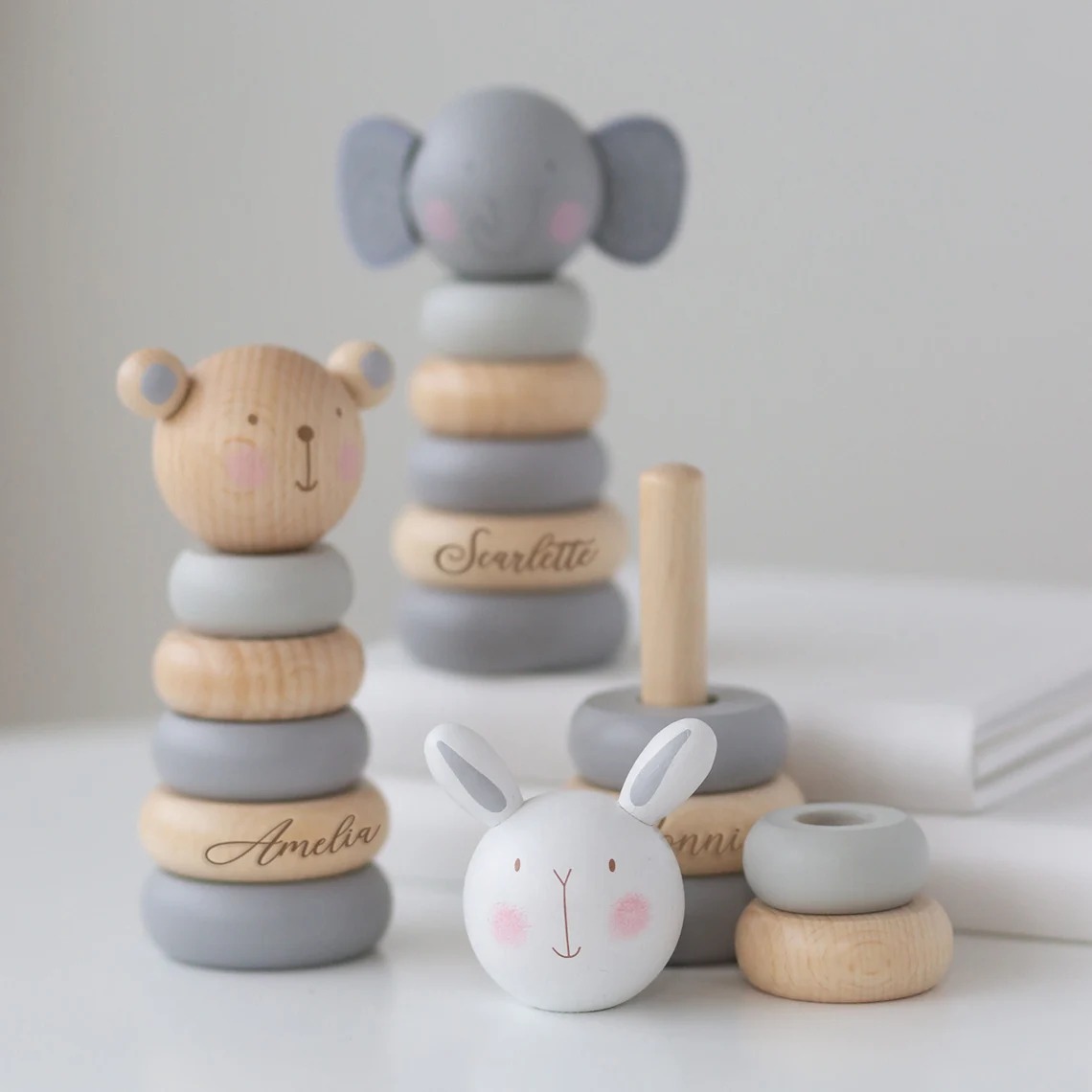 Personalized wooden elephant teddy or rabbit stack toys