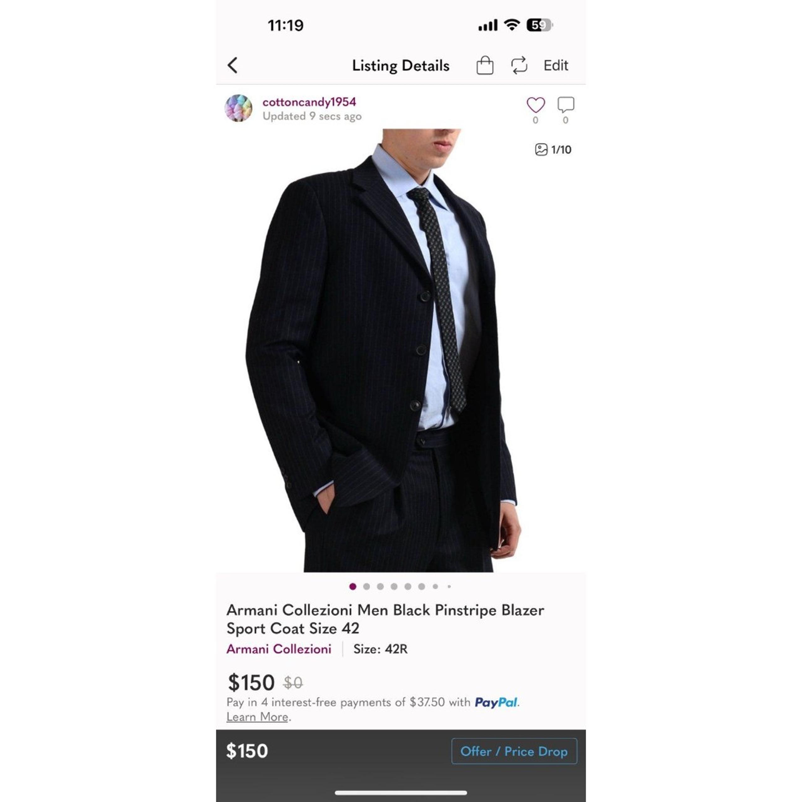 Armani Collezioni Men Black Pinstripe Blazer Sport Coat Size 42R