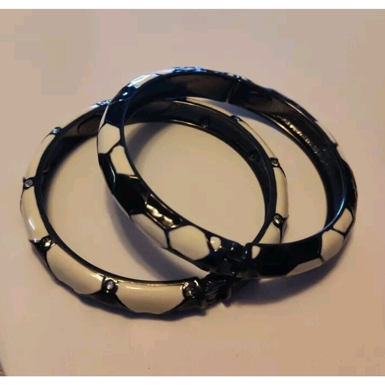 Joan Rivers 2 Black and Beige Enamel Hinged Bangle Bracelets Fits 7-7.5 Wrist