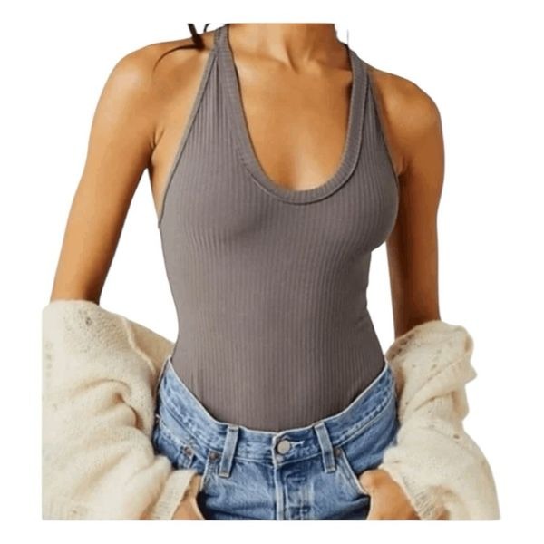 Free People Intimately Speed Dial Bodysuit Blackout Ribbed Knit V-Neck Snap S