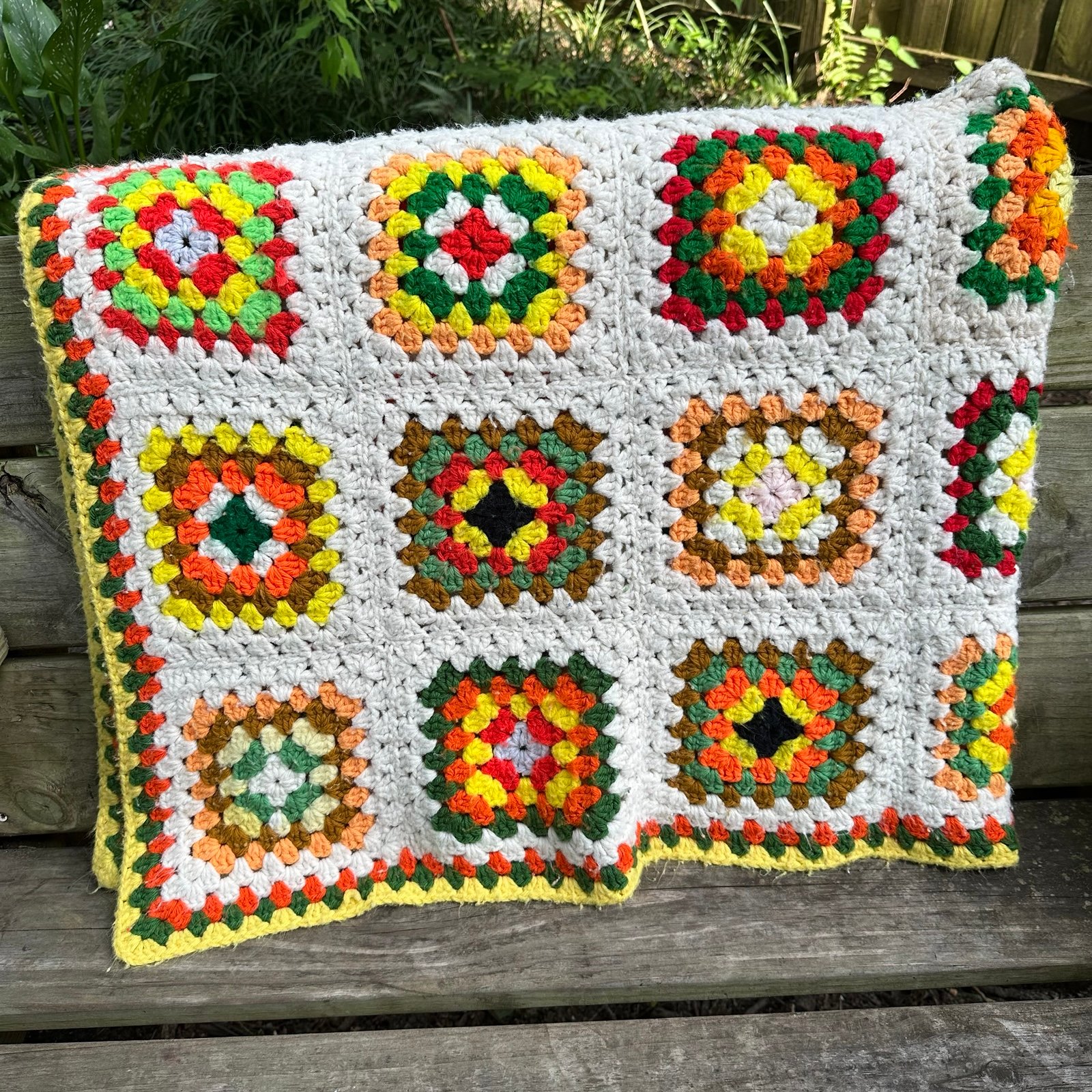 Vintage Handmade Granny Square Crochet Afghan Blanket Floral Multicolored 62x48