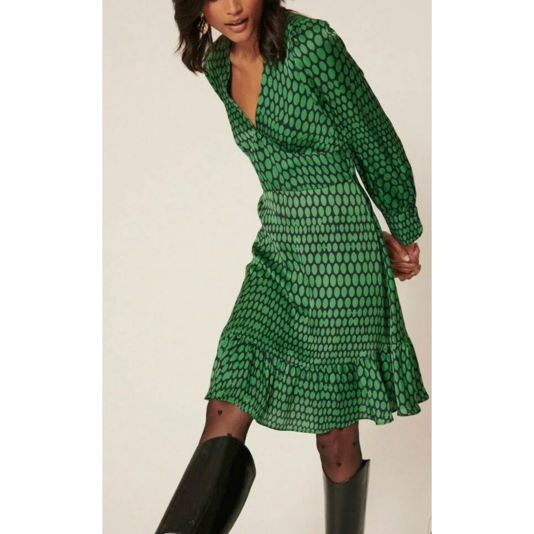 NWT Tara Jarmon Paris FR Size 38 Print Midi Long Sleeve Dress In Green