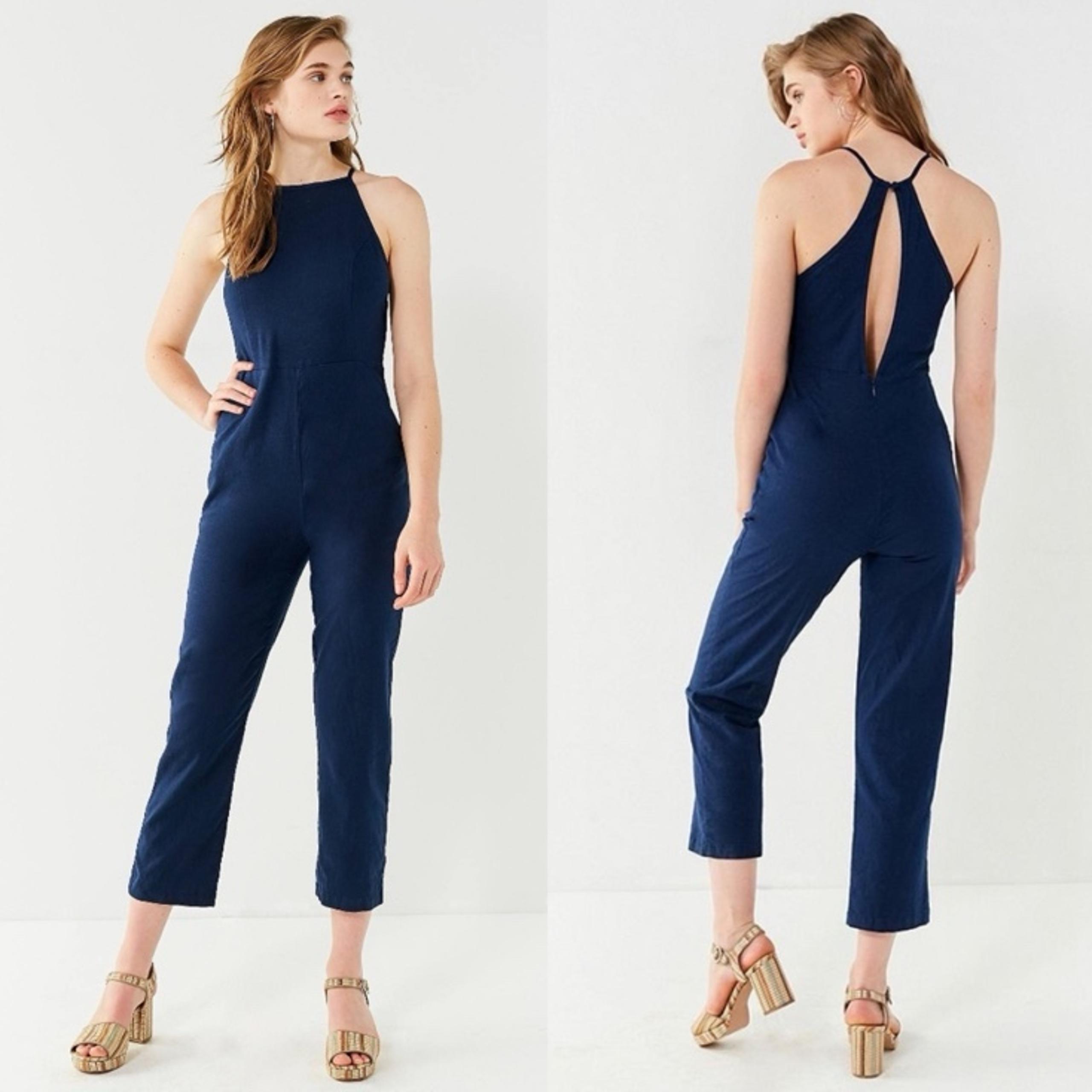 Urban Outfitters Navy Blue Hattie High Neck Linen Blend Jumpsuit 6