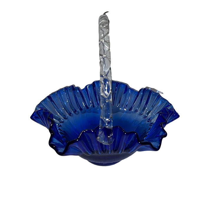 Cobalt Blue Glass Basket w/ Ruffled & Crimped Edge and Clear Bamboo Handle