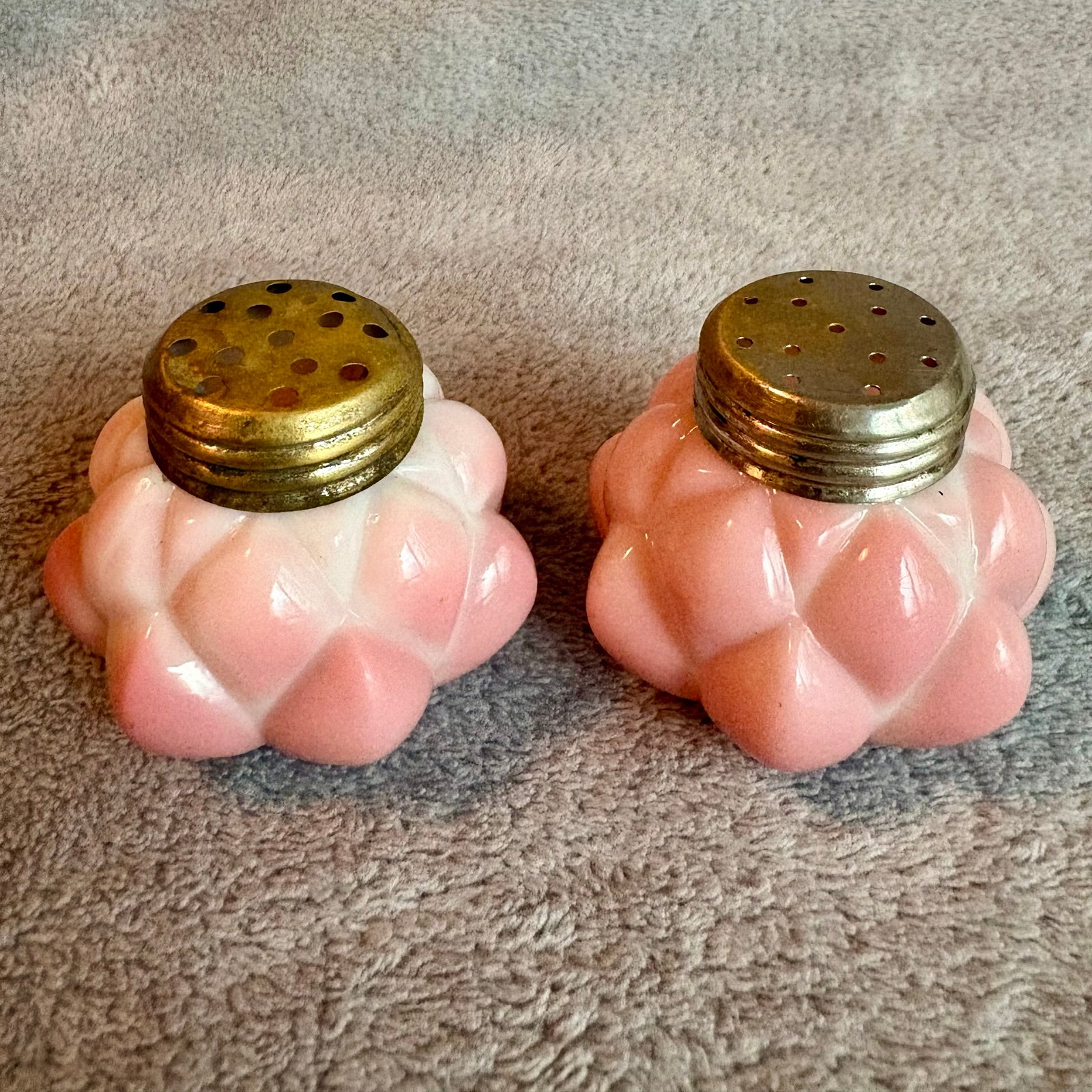 Antique pink pressed glass shaker set