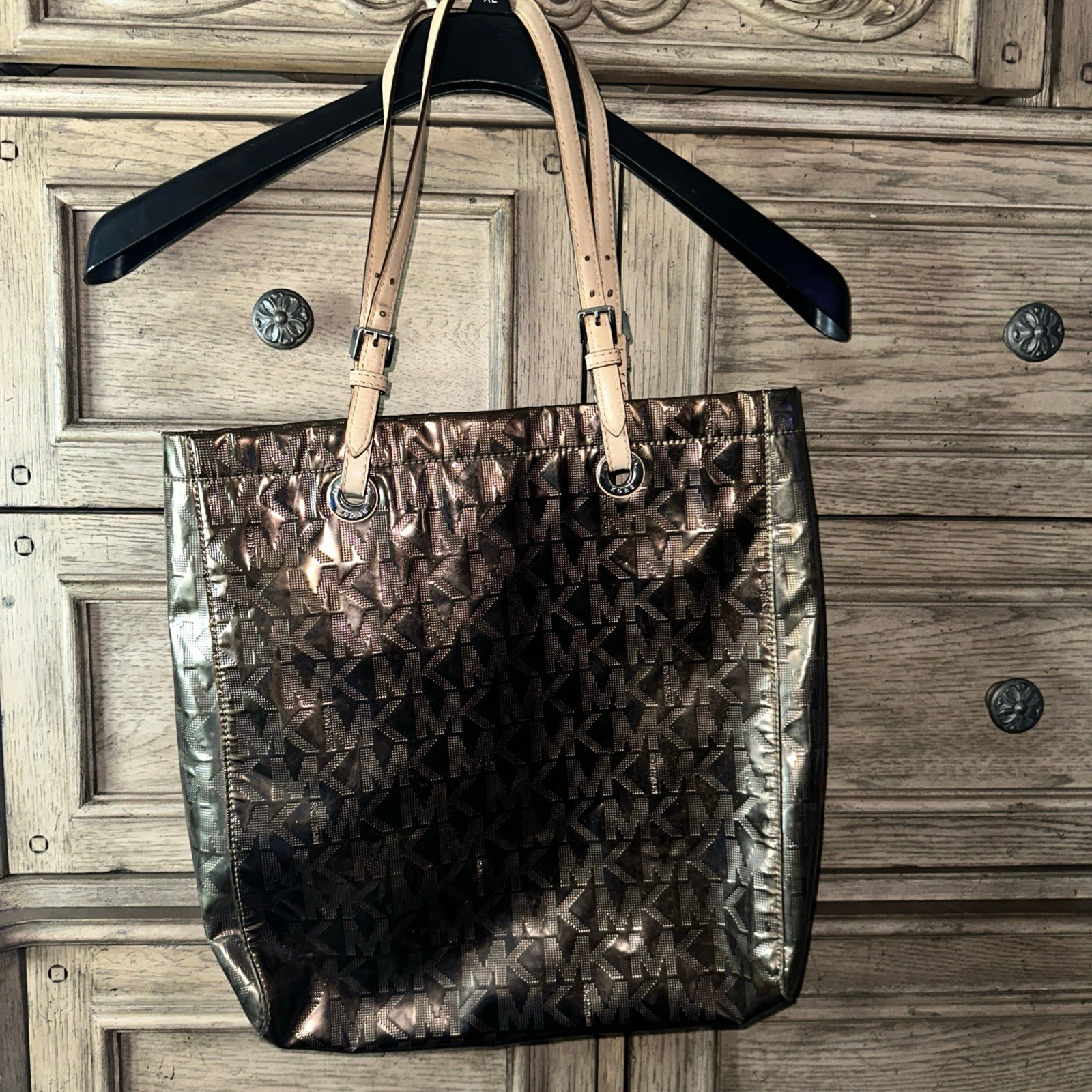 Michael Kors patent leather bronze tote
