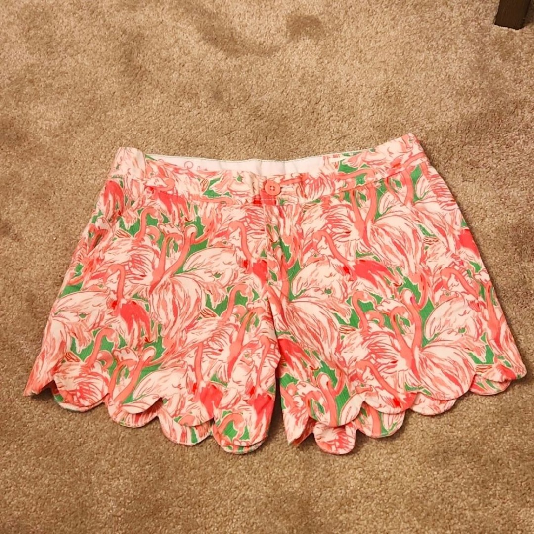 Lilly Pulitzer Pink Colony Buttercup Scalloped Shorts w/ Flamingos Size 000