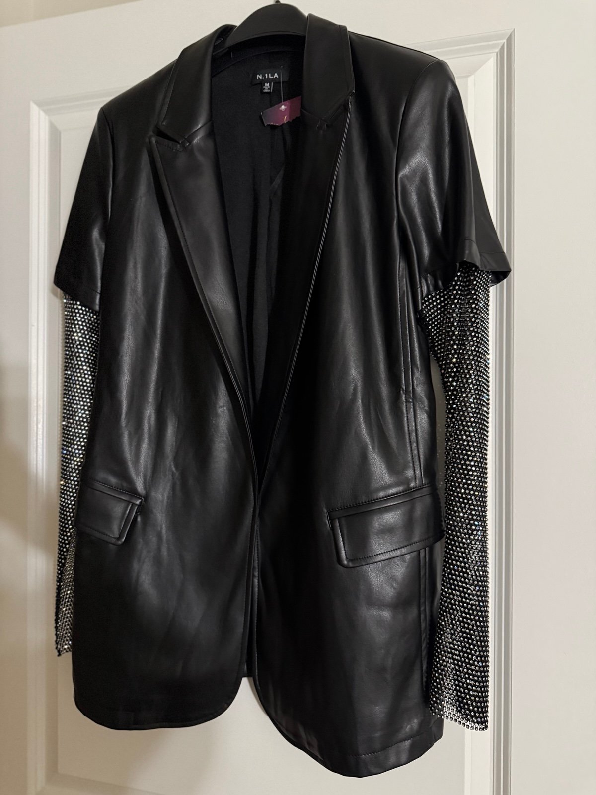 N.1LA Black Faux Leather Blazer with Sparkly Mesh Rhinestone Sleeves, Size M