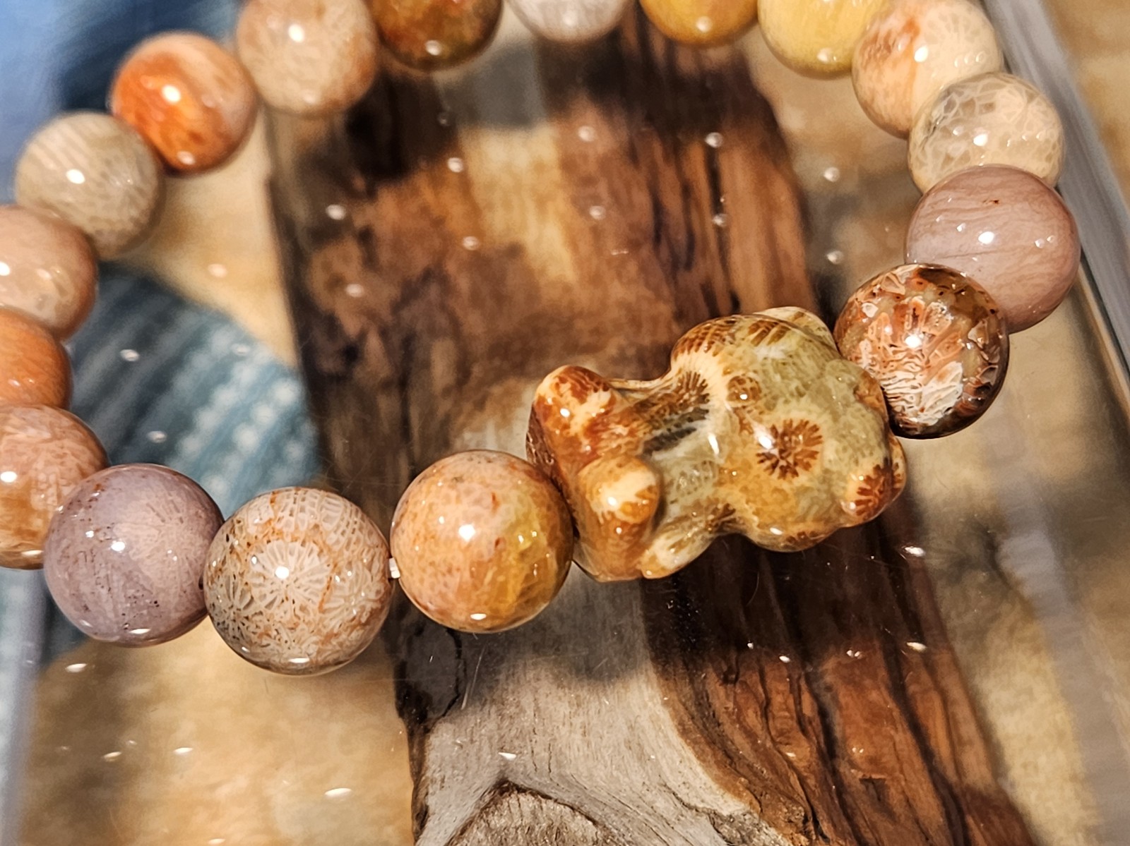 Natural Fossil Coral Jade Hello Kitty Bracelet