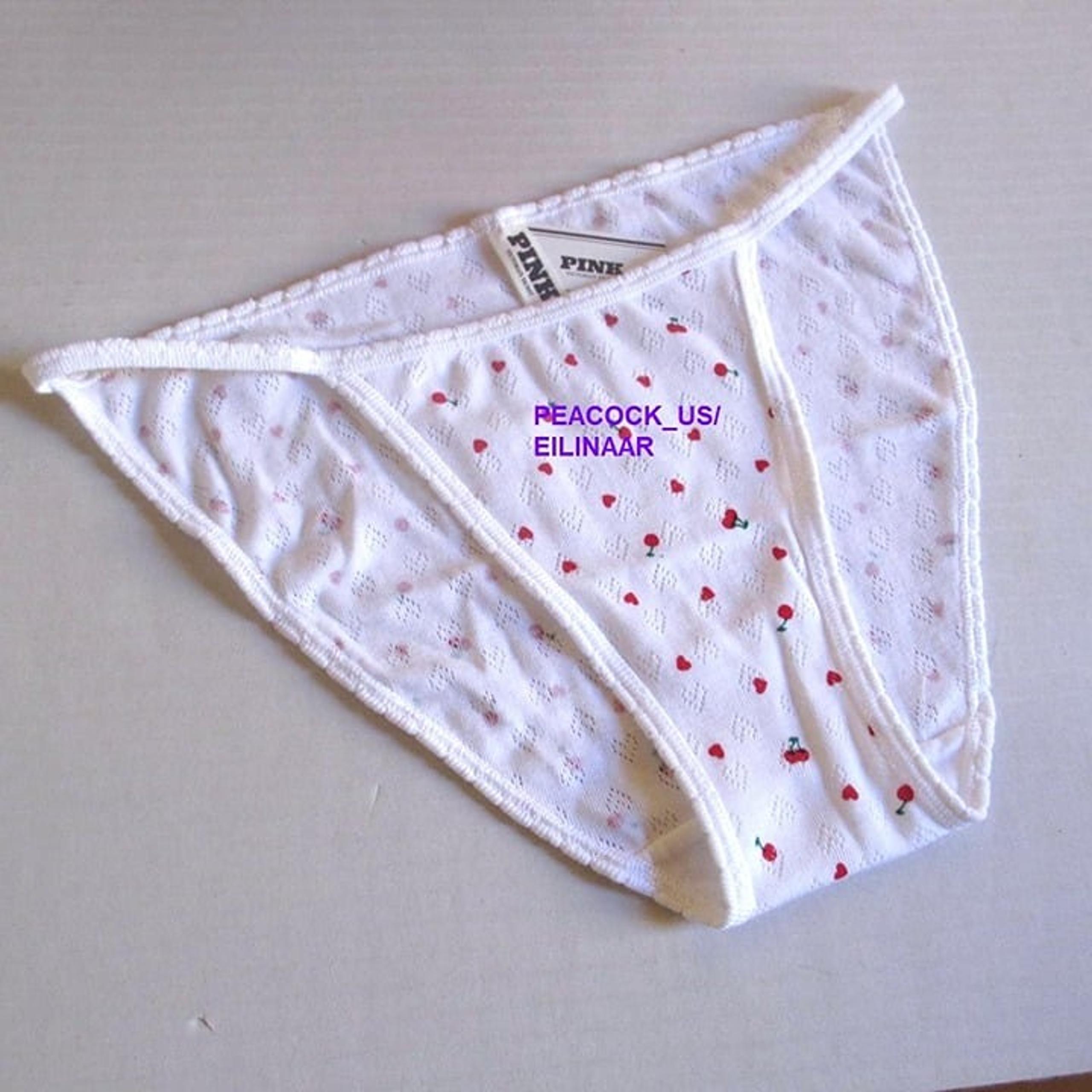 Victoria Secret PINK 100% Cotton String Bikini Panty L White Red Cherry Hearts