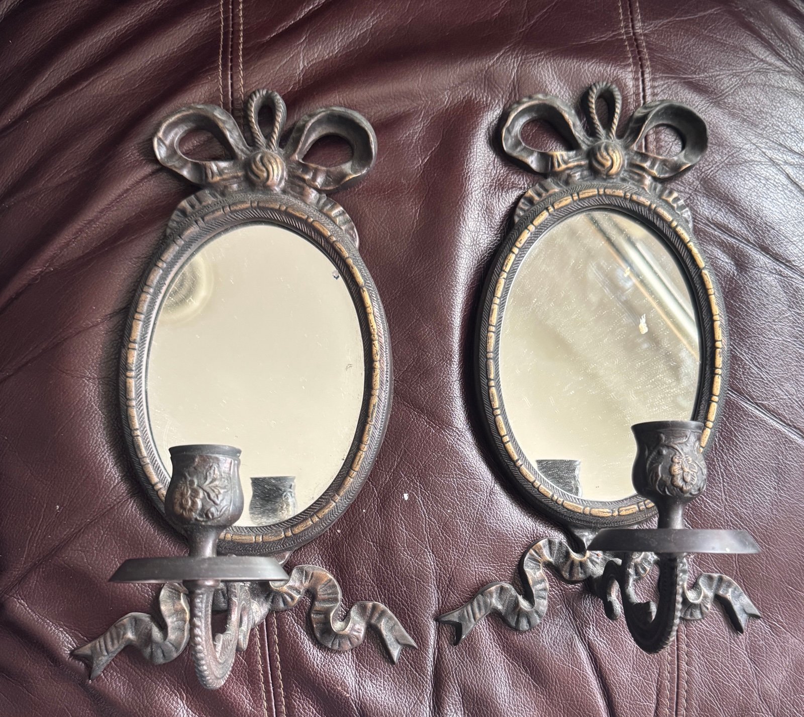 Set of 2 vintage mirrored wall sconce oval mirror