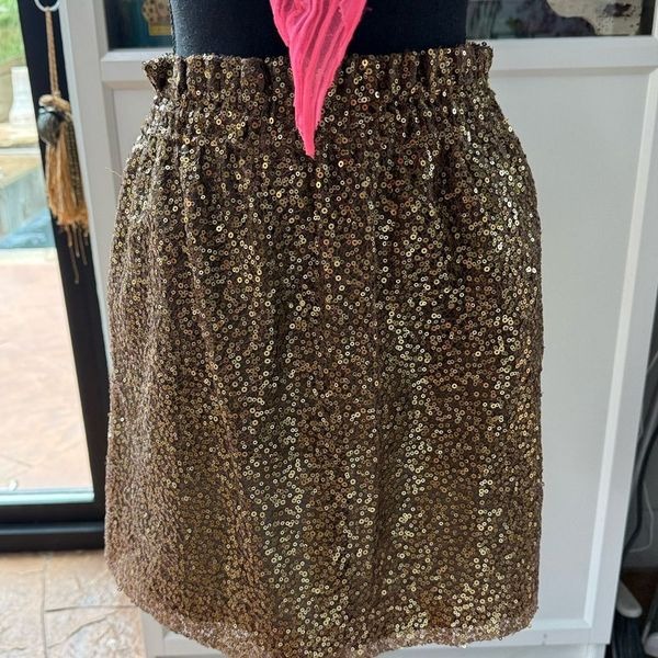 J Crew Sequin Mini Skirt Gold/champagne lined high waisted pockets SZ 8