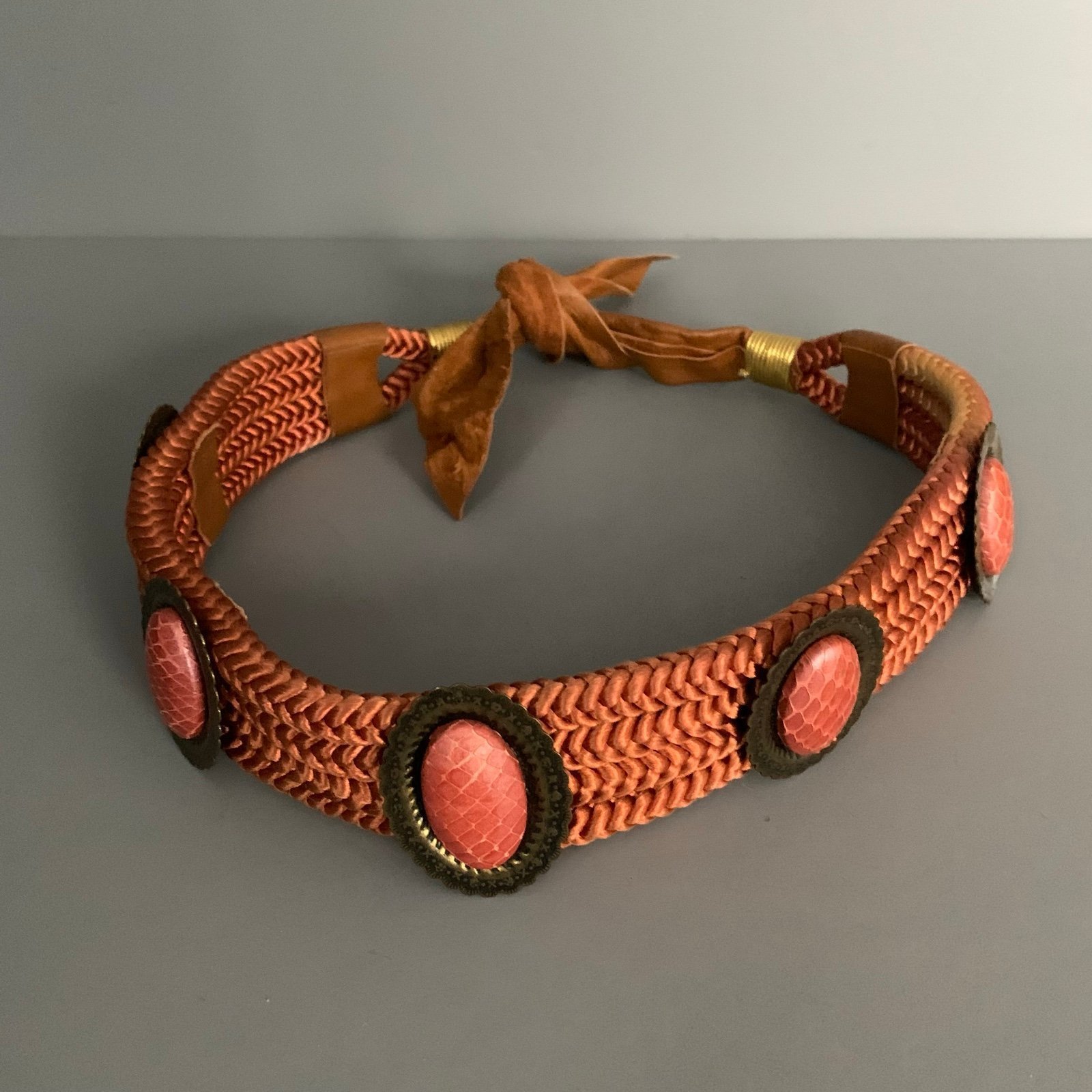 Hand Made Vintage Cognac Leather Braided Tie Woven Belt Waist 25