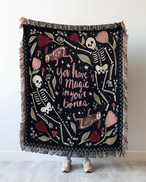 Skeleton Blanket: Magic Bones Woven Throw, Unique Spooky Couple Gift