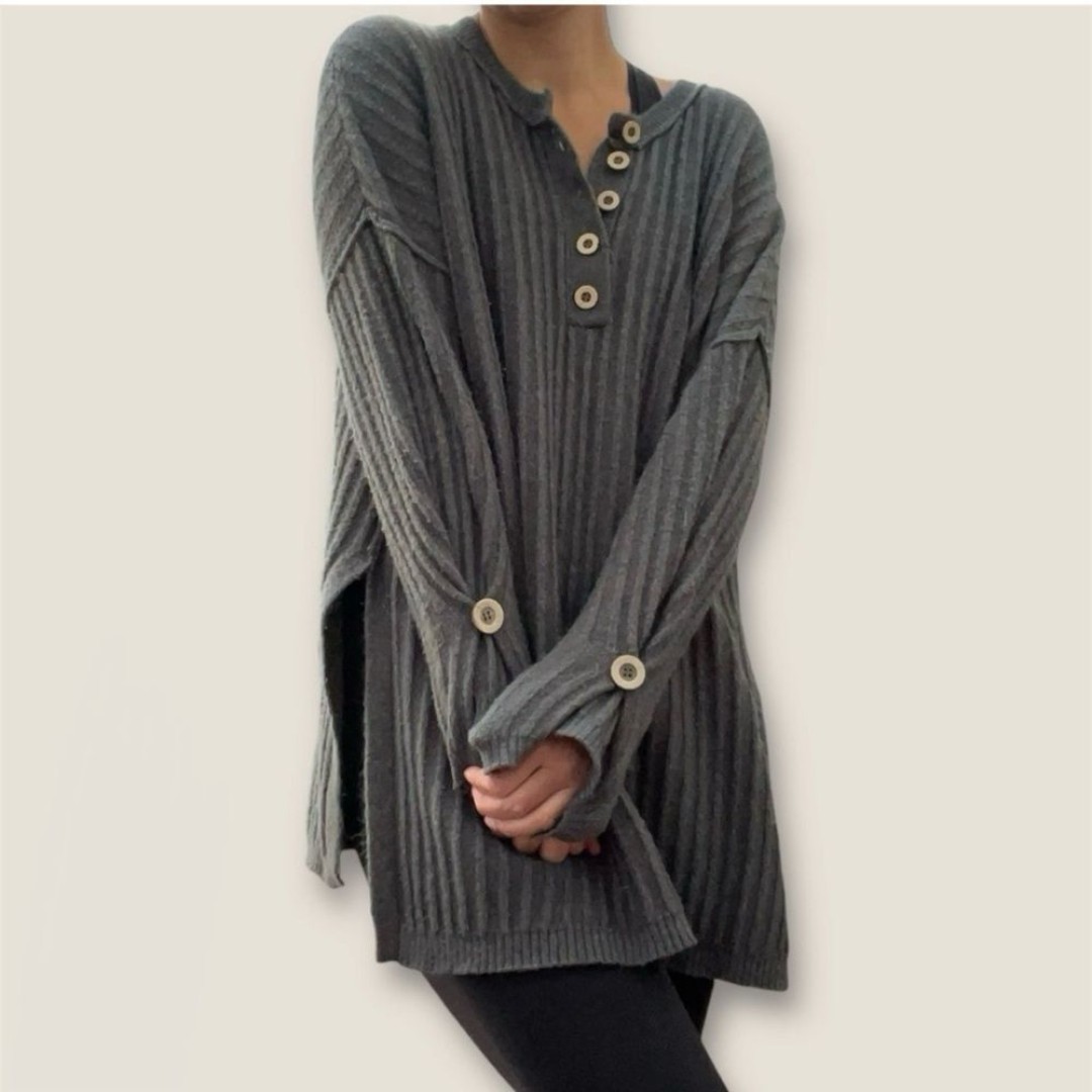 Free People Dark Gray Button-Up Sweater Tunic