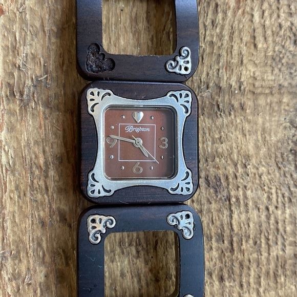BRIGHTON Bellerive silver and wood etched square chunky link watch