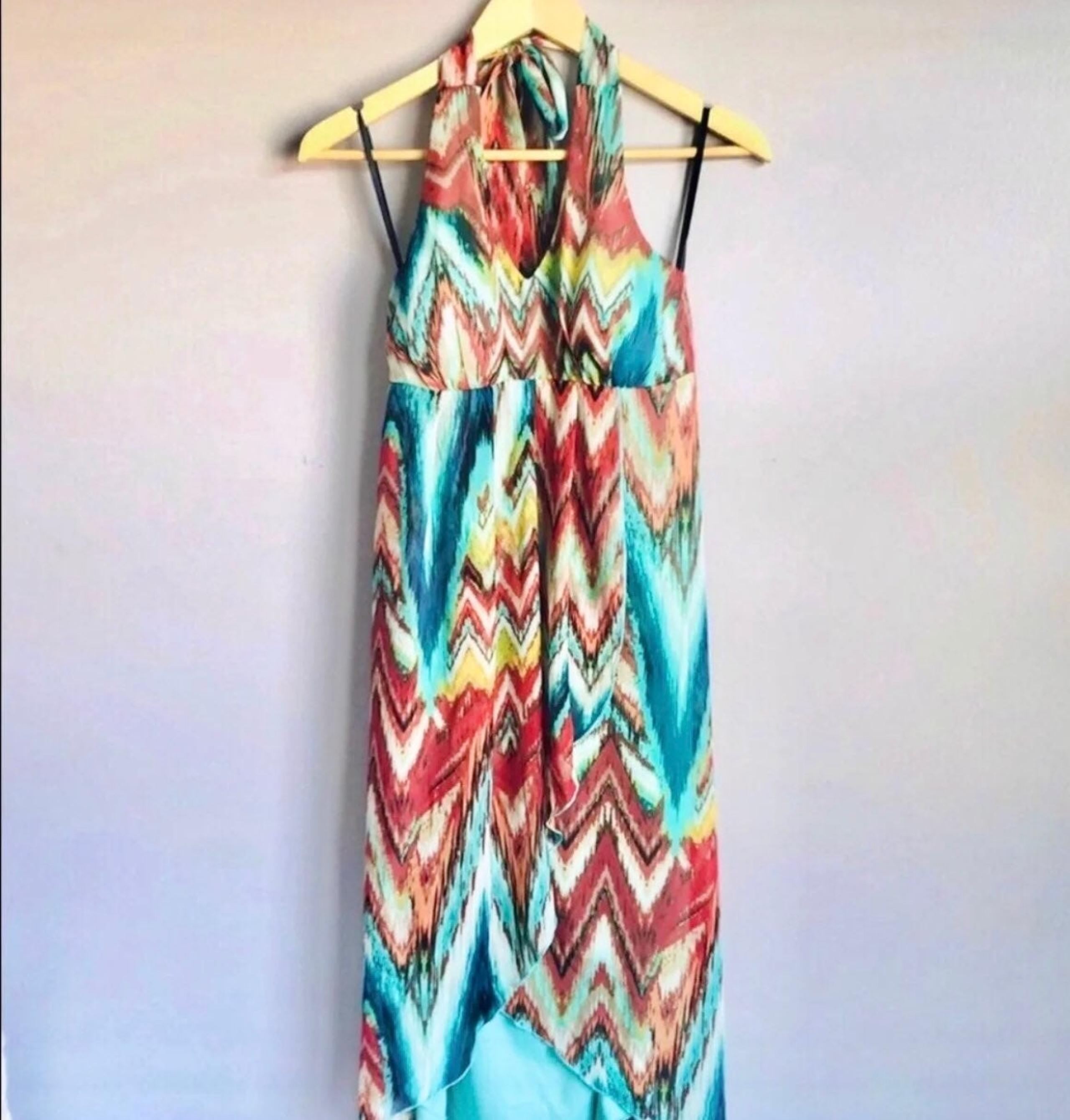 New Cynthia Rowley Aqua Chevron Aztec Pattern Halter High Low Dress Size 4