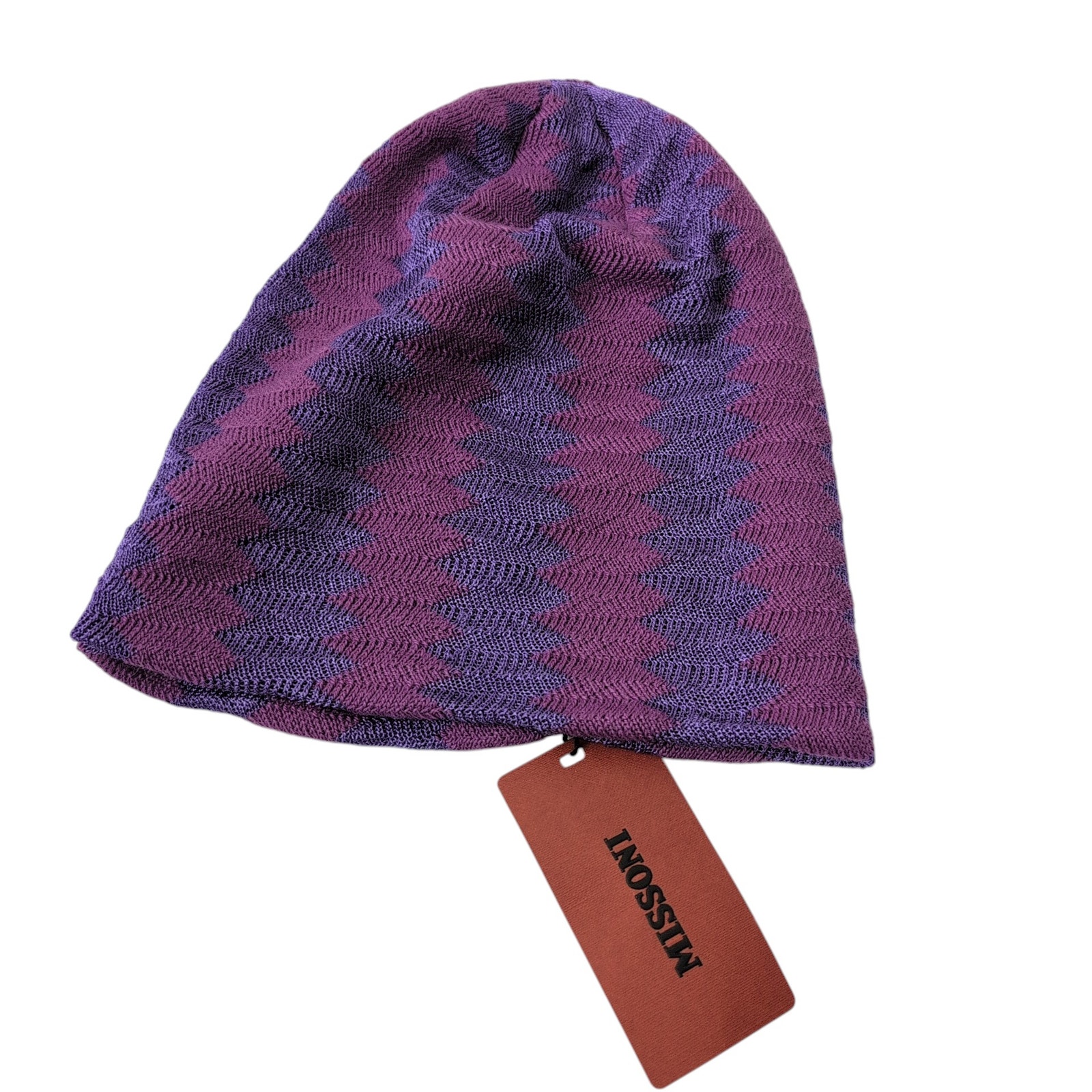 NWT Missoni Beanie Made in Italy Purple Zig Zag Knit Cozy Viscose Wool Blend New