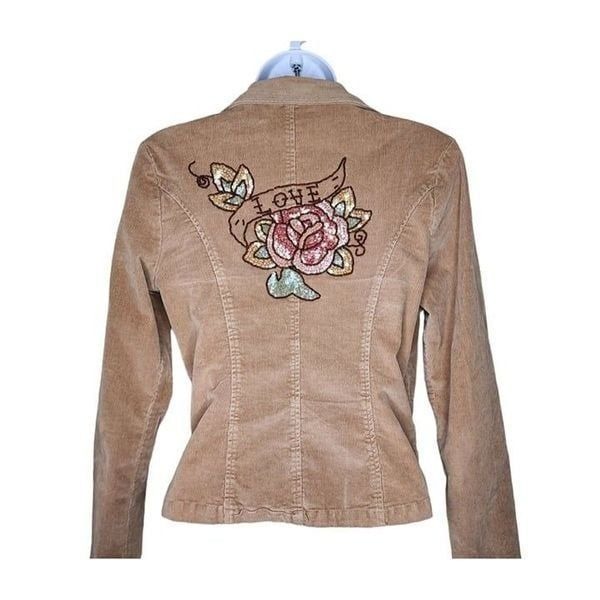 Vintage Y2K Gadzooks Corduroy Tapered Jacket Love Womens Size S Brown Tan