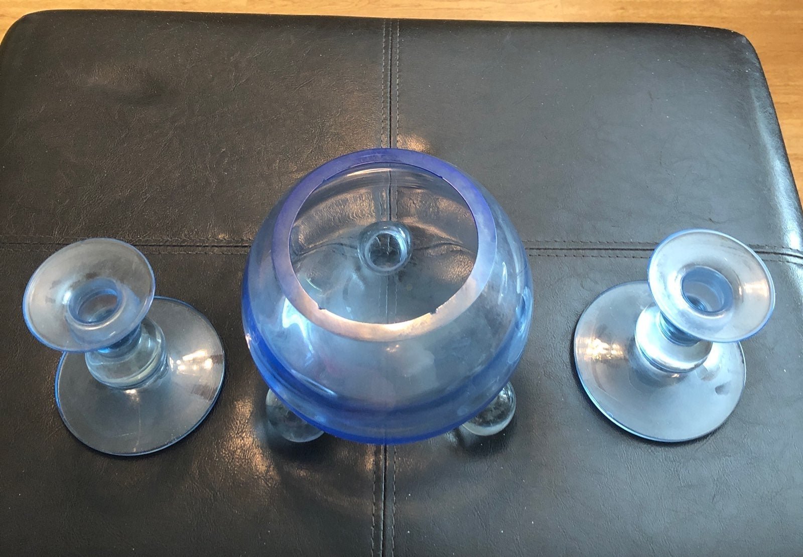 Vintage blue glass candle holders etc