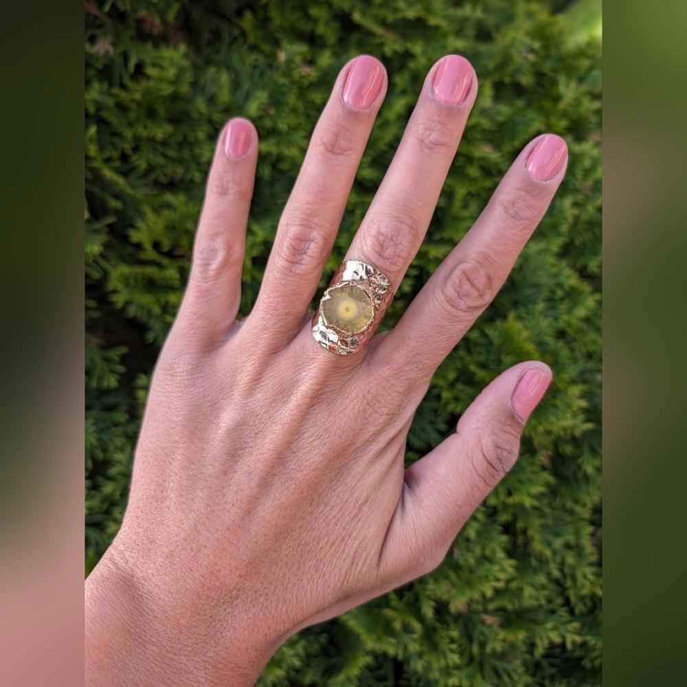 Artisan Handmade In Morocco Boho Chic Yellow Geode Wide Band Gold Ring Size 8.5
