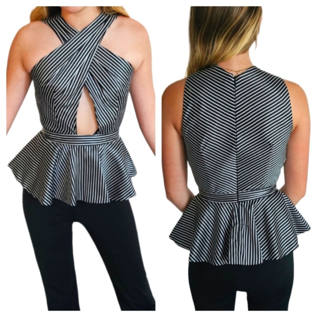 AMUR Black & White Striped Criss Cross Peplum Top
