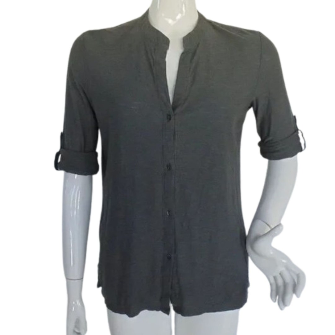 JAMES PERSE Top, 3/L, Button down, jersey, split neck, Slate green, 3/4 Sleeve