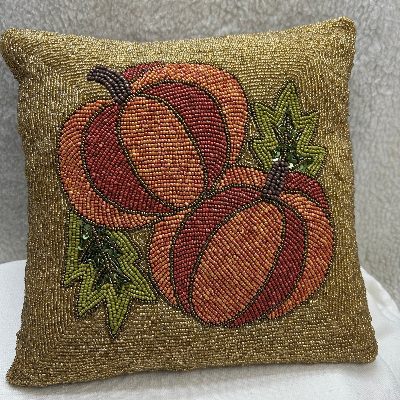 Beaded Pumpkin throw pillow 12 x 13 gold orange green brown Fall decor heavy