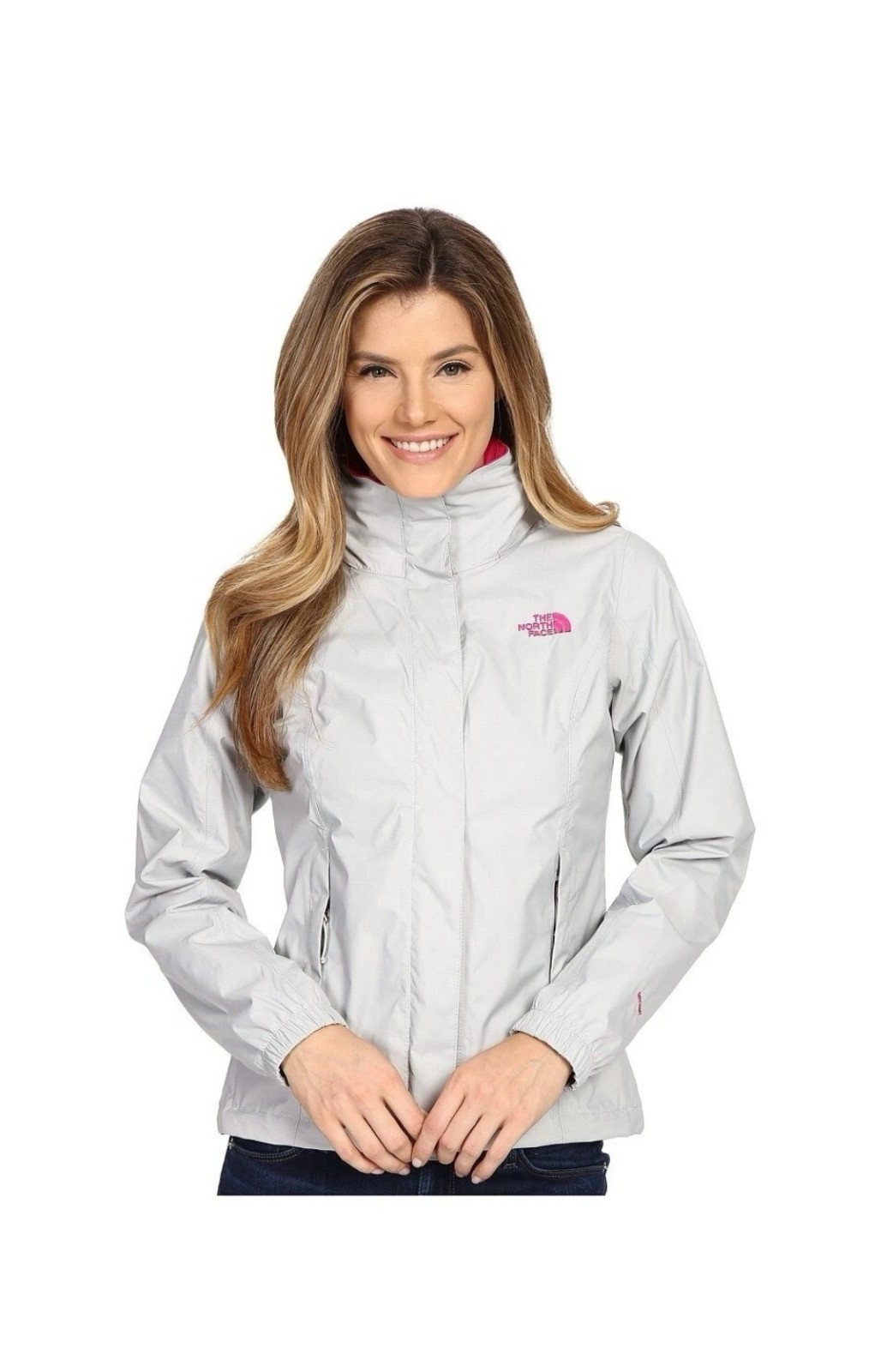 The North Face Women's Resolve Jacket High Rise Grey Glo Pink Rain Coat LG