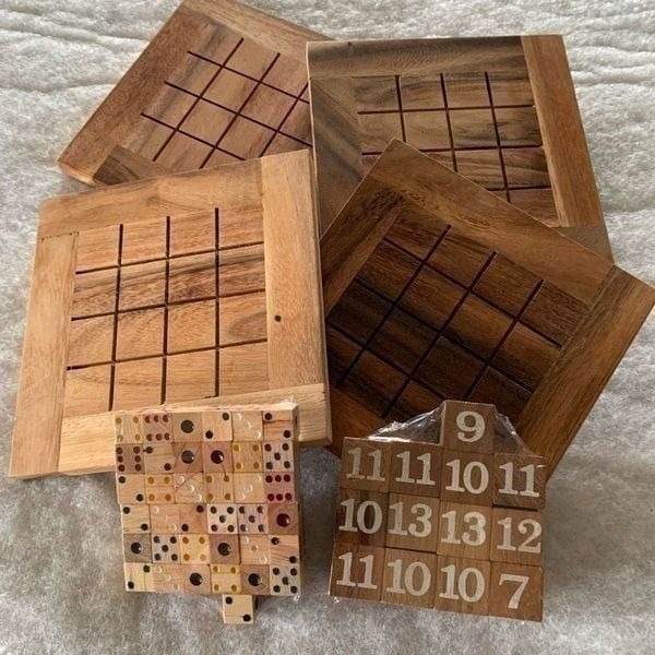 4 7”x7” Wooden Squares With 16 Blocks, 37 Wooden Dice, 26 Wooden Numbers