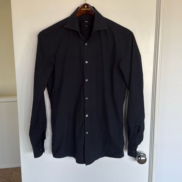 Boss Sharp Fit Stretch Long Sleeve Shirt Black Size 15.5/L