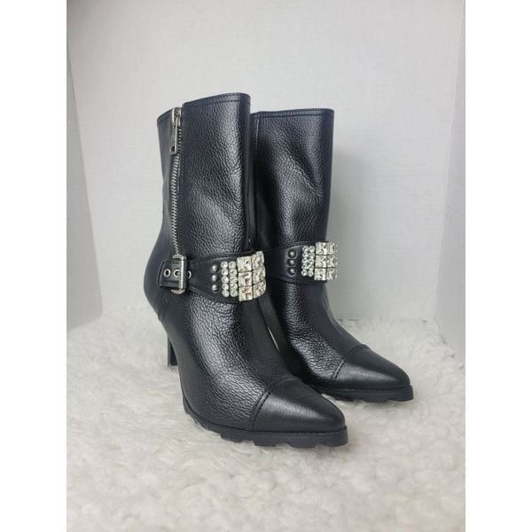 Karl Lagerfield Mable Women's Size 10 Buckle Rhinestone Studded Leather Heel