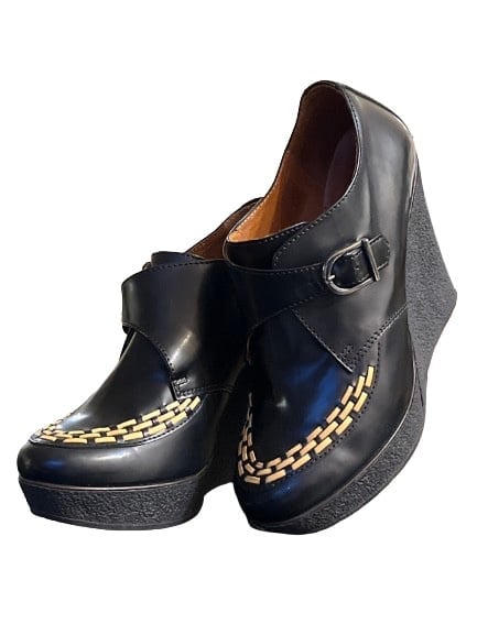 Black Buckled Leather Wedges by Sandro Paris