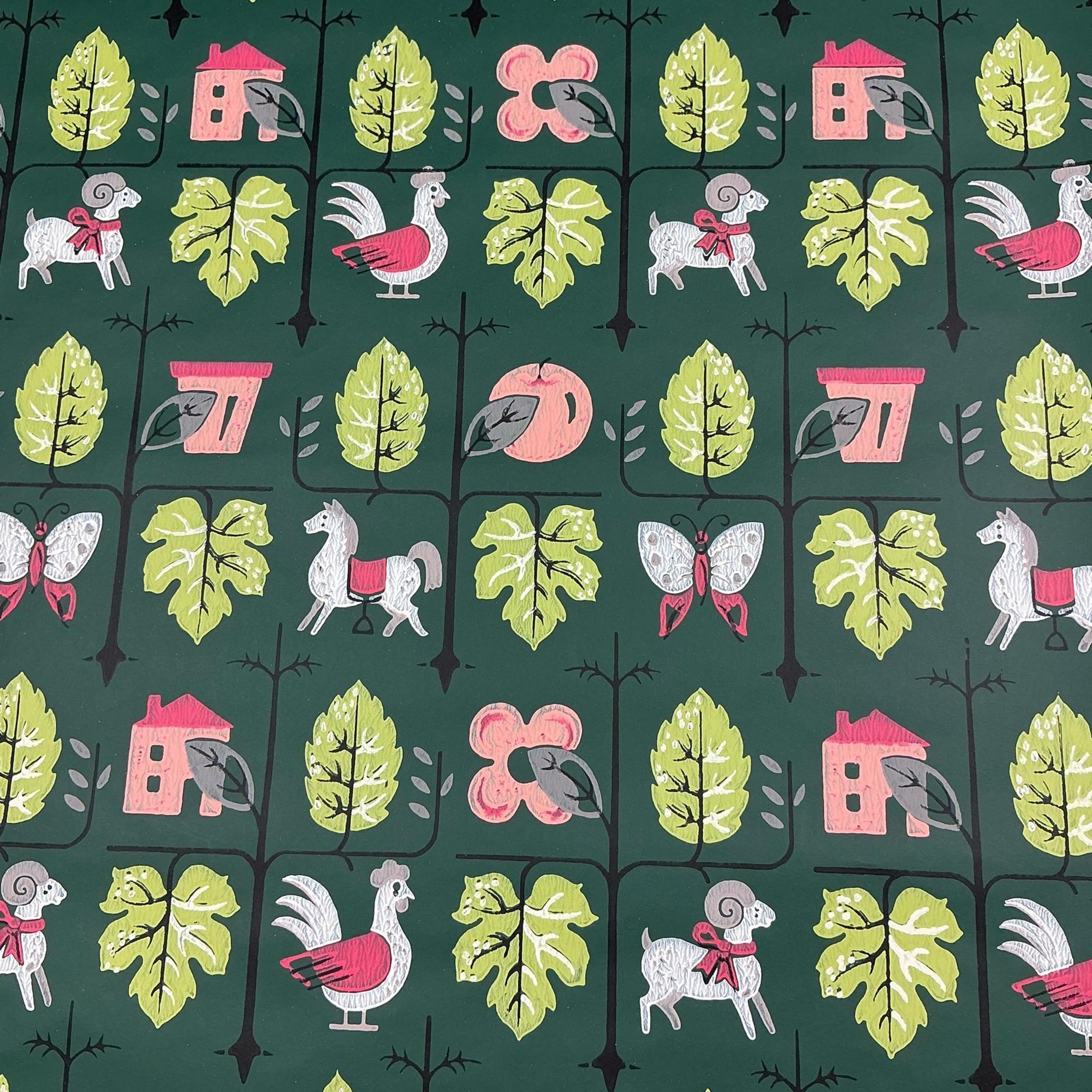 Vintage mid-century Hunter Green cottage country style wallpaper 14 ft
