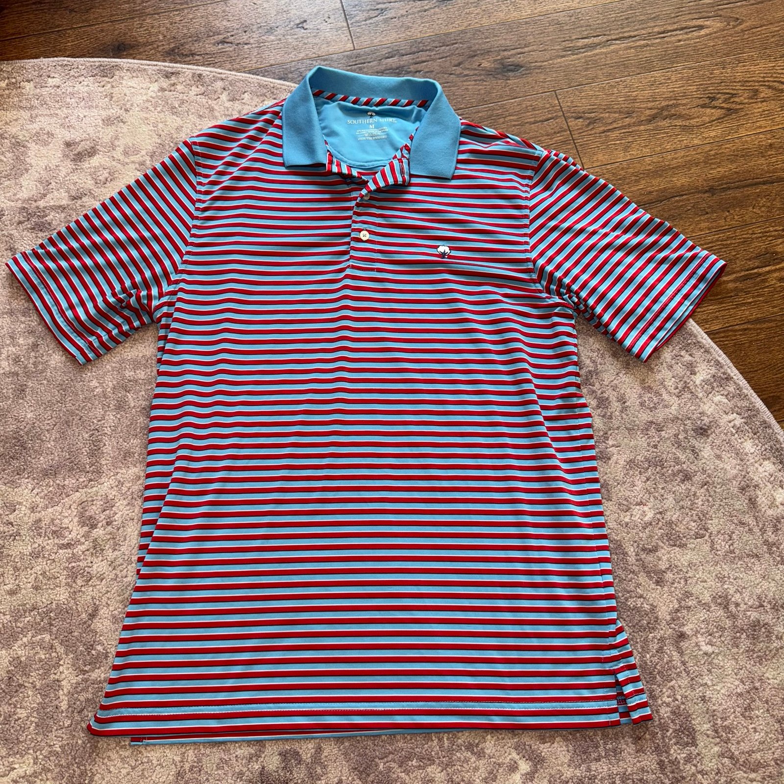 Southern Cotton Men’s Medium Red Blue Striped Sport Golf Polo Shirt