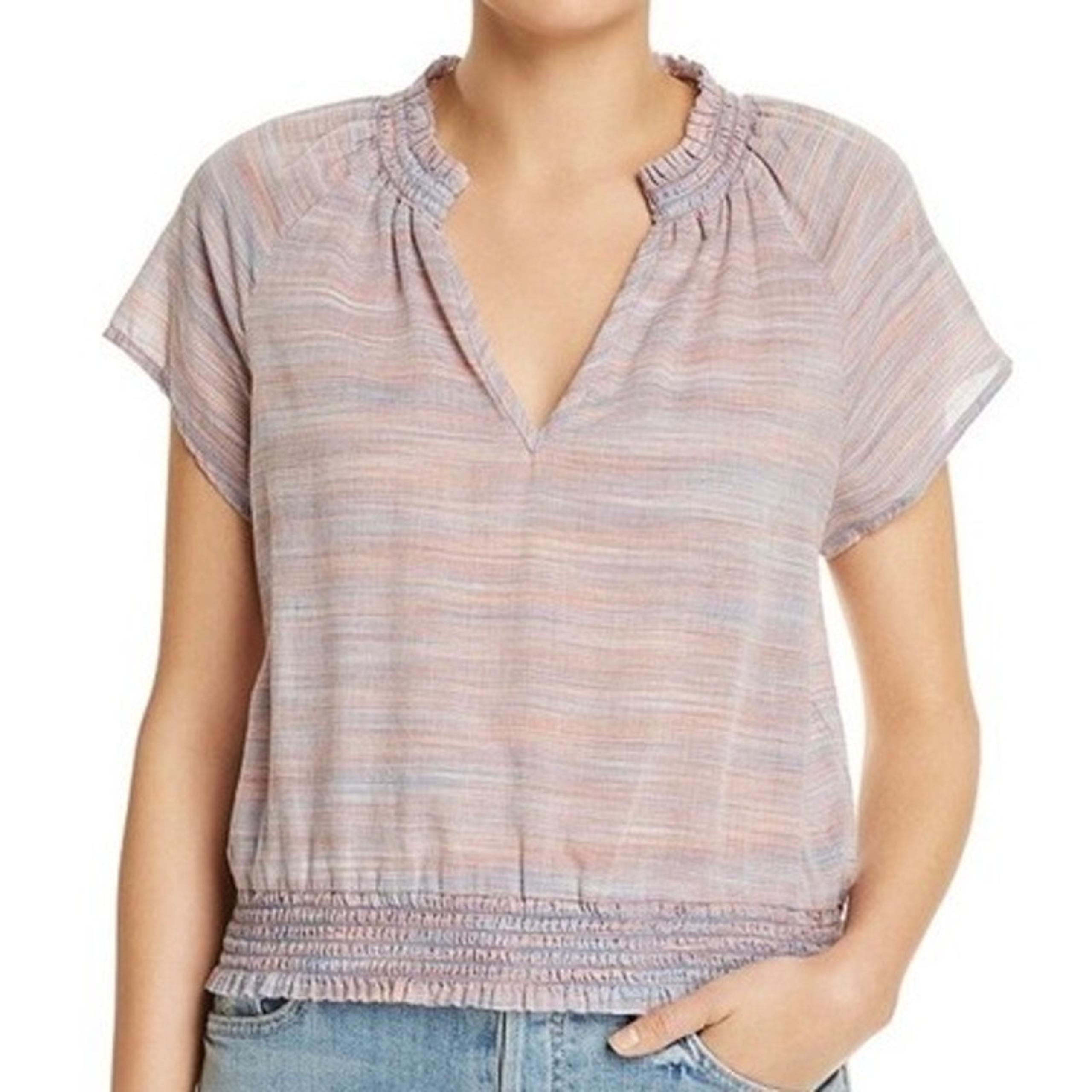Bella Dahl Striped Pink Blue Cotton V-Neck Short Sleeve Top Size XS