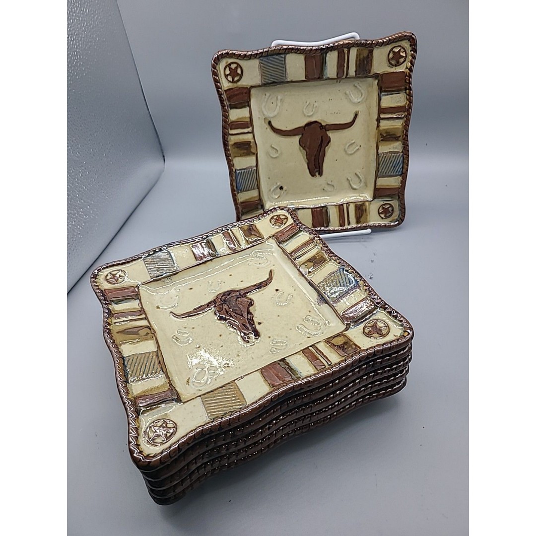 Canyon Ranch Set (6) Collection 8” Square Plates Western Cowboy Longhorn New