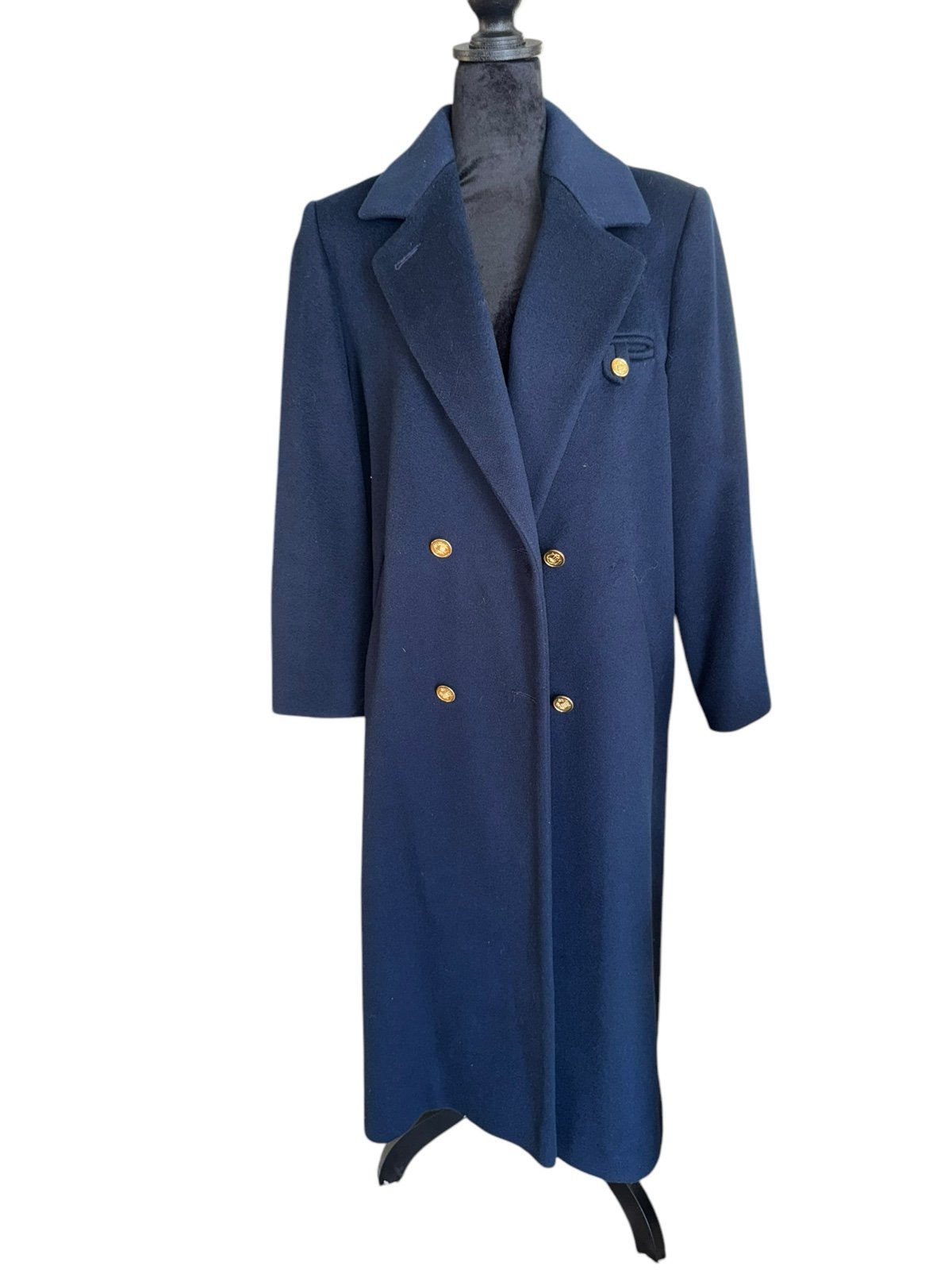 Vintage Union Made in USA WOOL TAILORED LONG COAT SAILOR BUTTONS SIZE LARGE NAVY