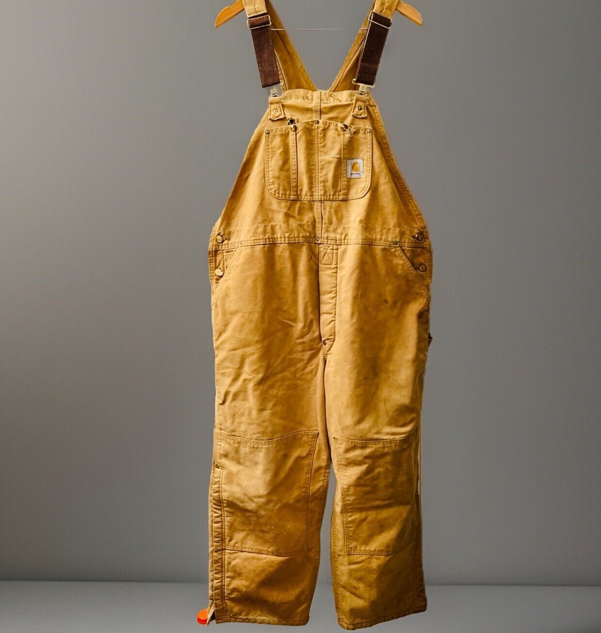 Vtg Carhartt R02 BRN 44 X 28 Bib Overalls USA Double Knee Duck Canvas Quilted