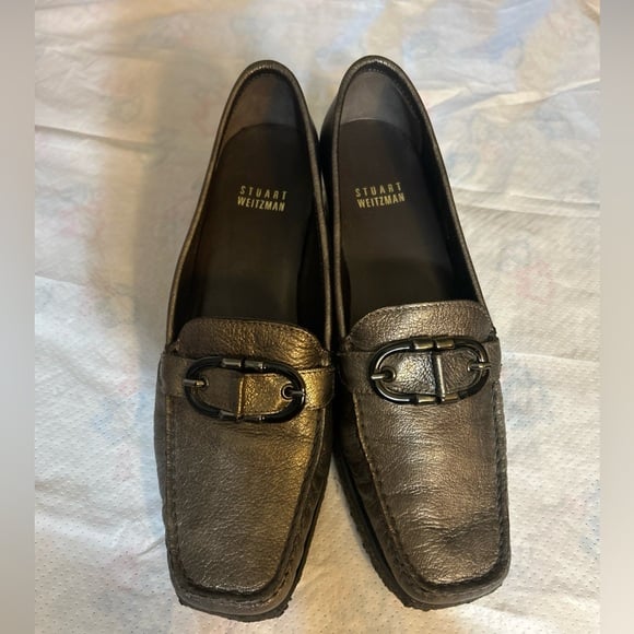 Stuart Weitzman Slip-on Bronze Wedge loafers, Crepe Sole, Buckle, Size 7.5M