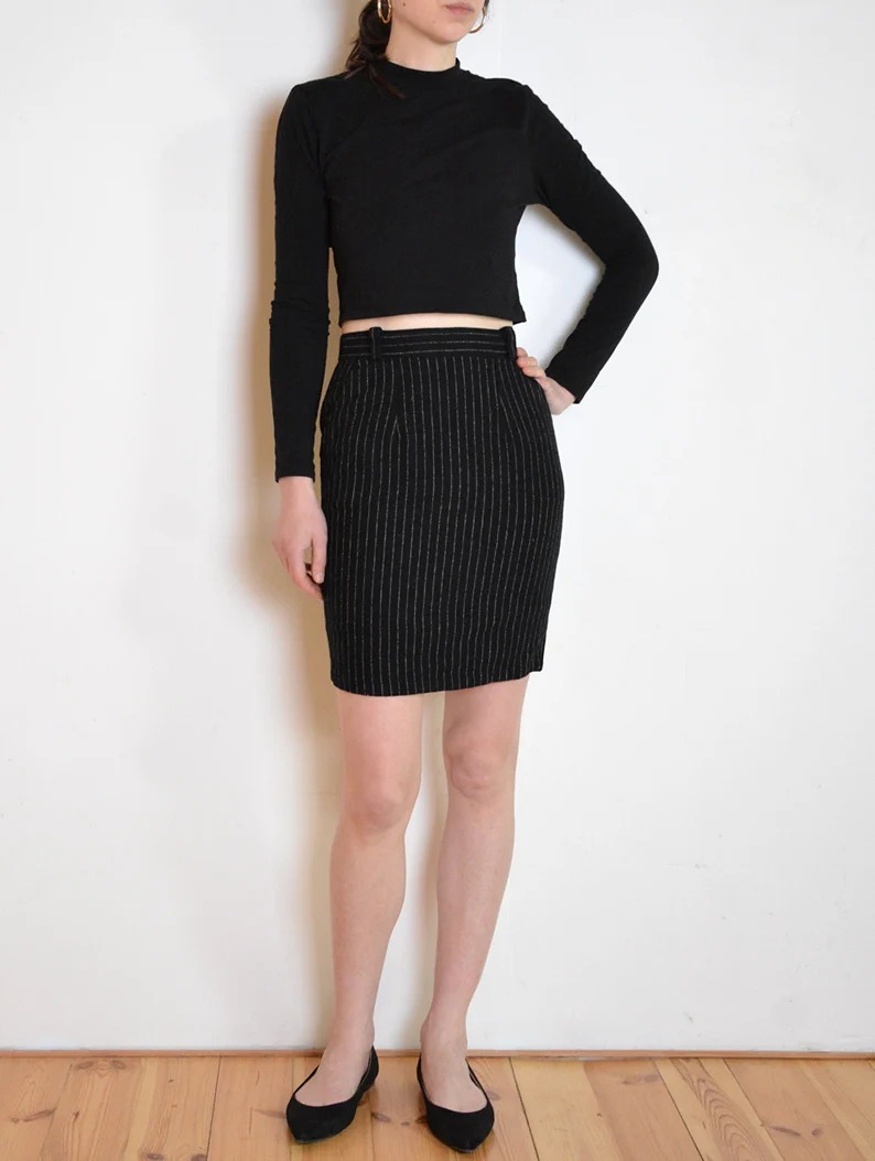 90's pinstripe skirt, wool blend black and white stripes, high waisted minimalis