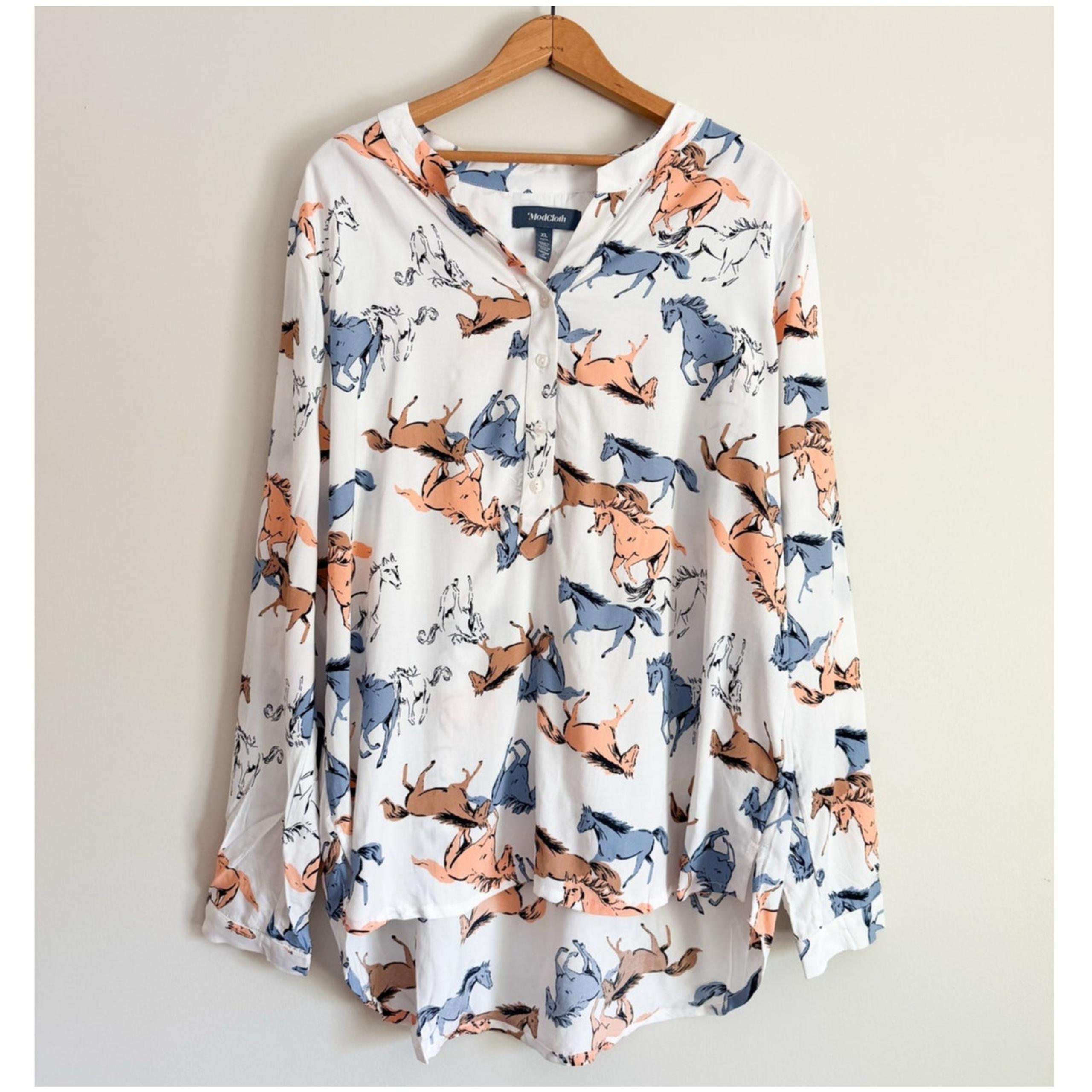 Modcloth Western Charm Equestrian Wild Horses Print Blouse Button Up Shirt Boho
