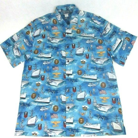 VTG High Seas L Men's button-Up Shirt U.S. NAVY 793 & 100 Ship USA Flag Print L