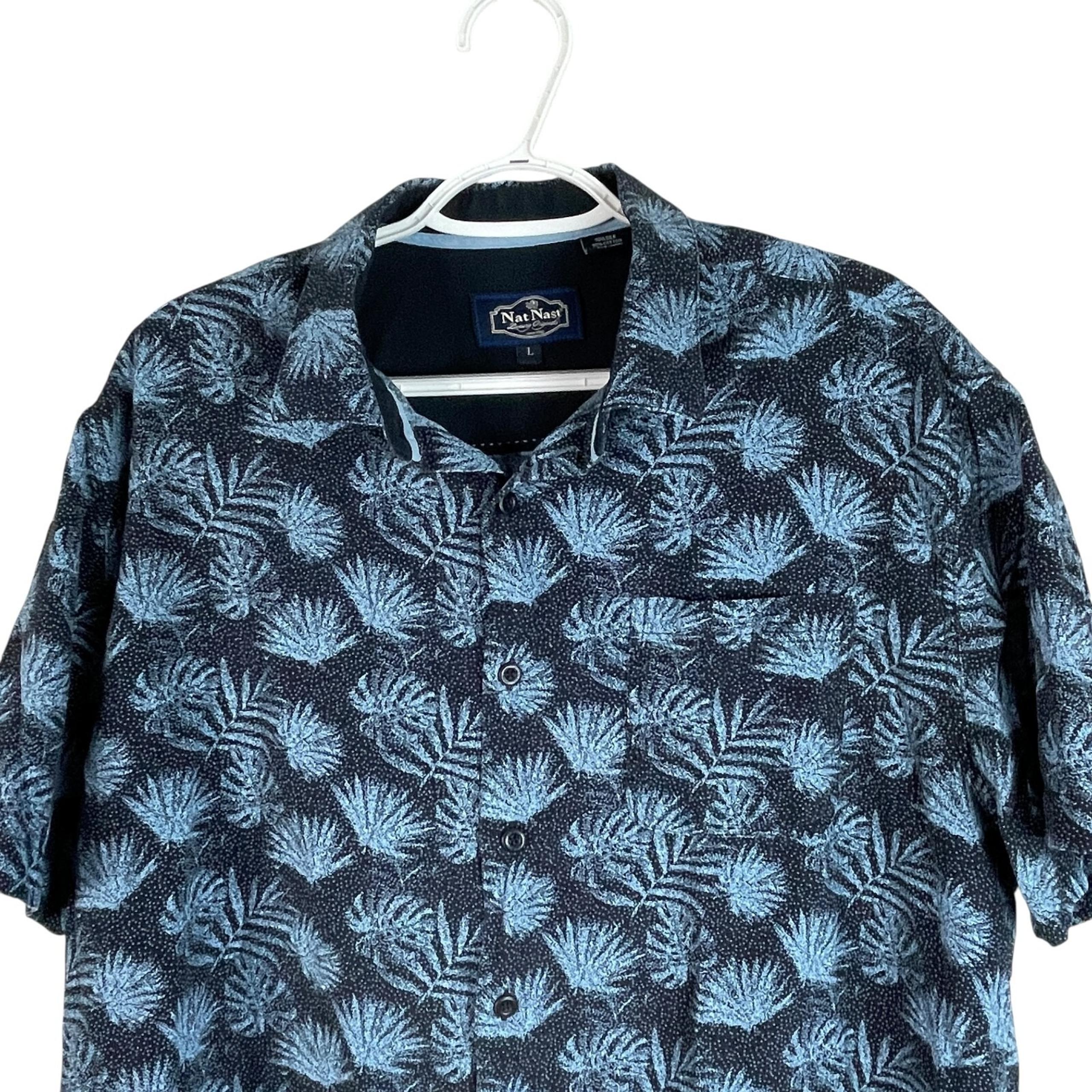 Nat Nast Luxury Originals Mens Silk Hawaiian Shirt L Blue Button Up S/S Floral