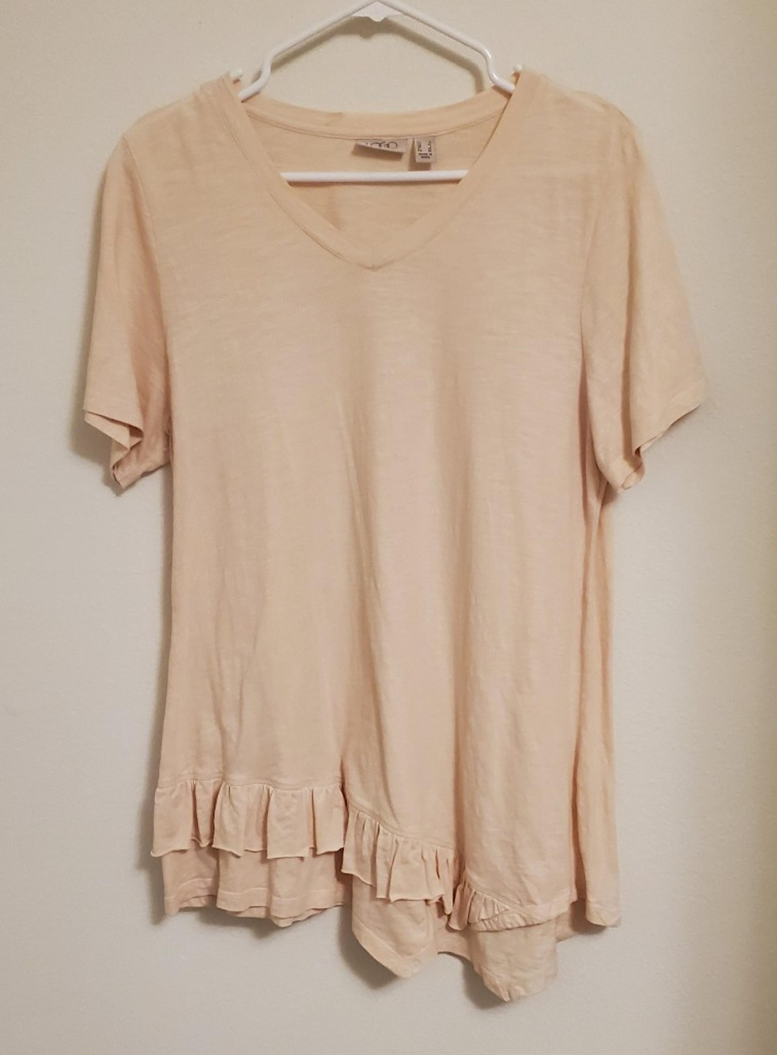 LOGO By Lori Goldstein Light Pink V-Neck Ruffle Blouse Size Large