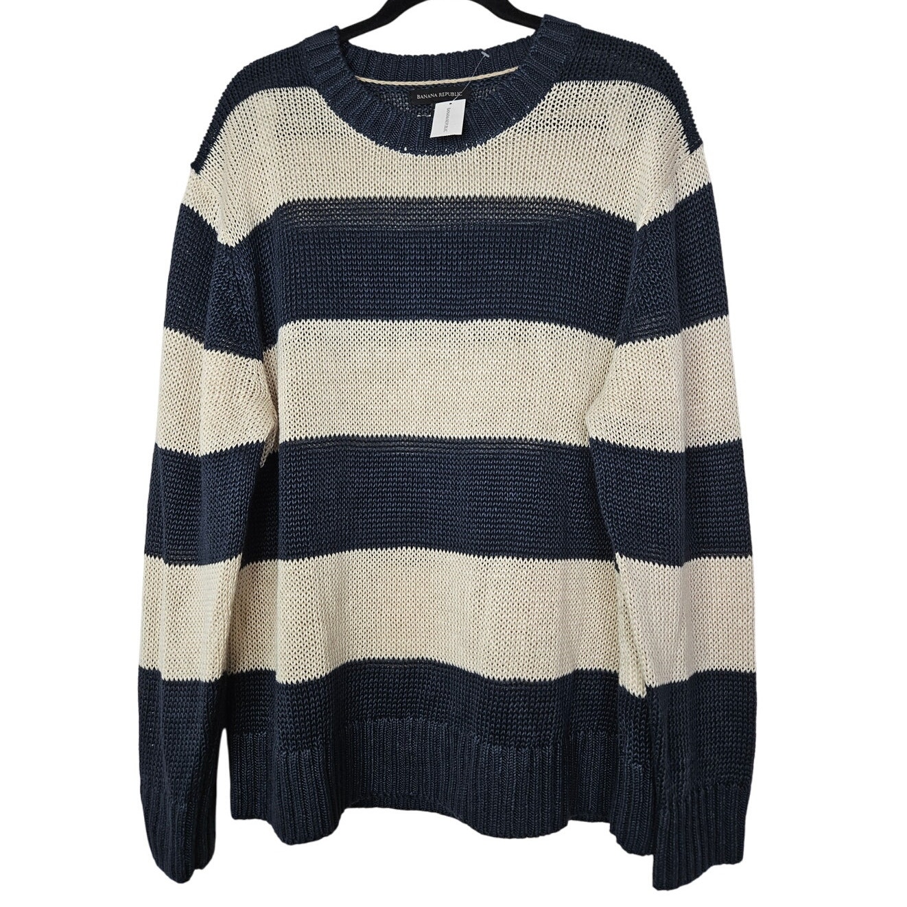NEW Banana Republic XL Navy Striped Linen Relaxed Sweater Coastal Nautical