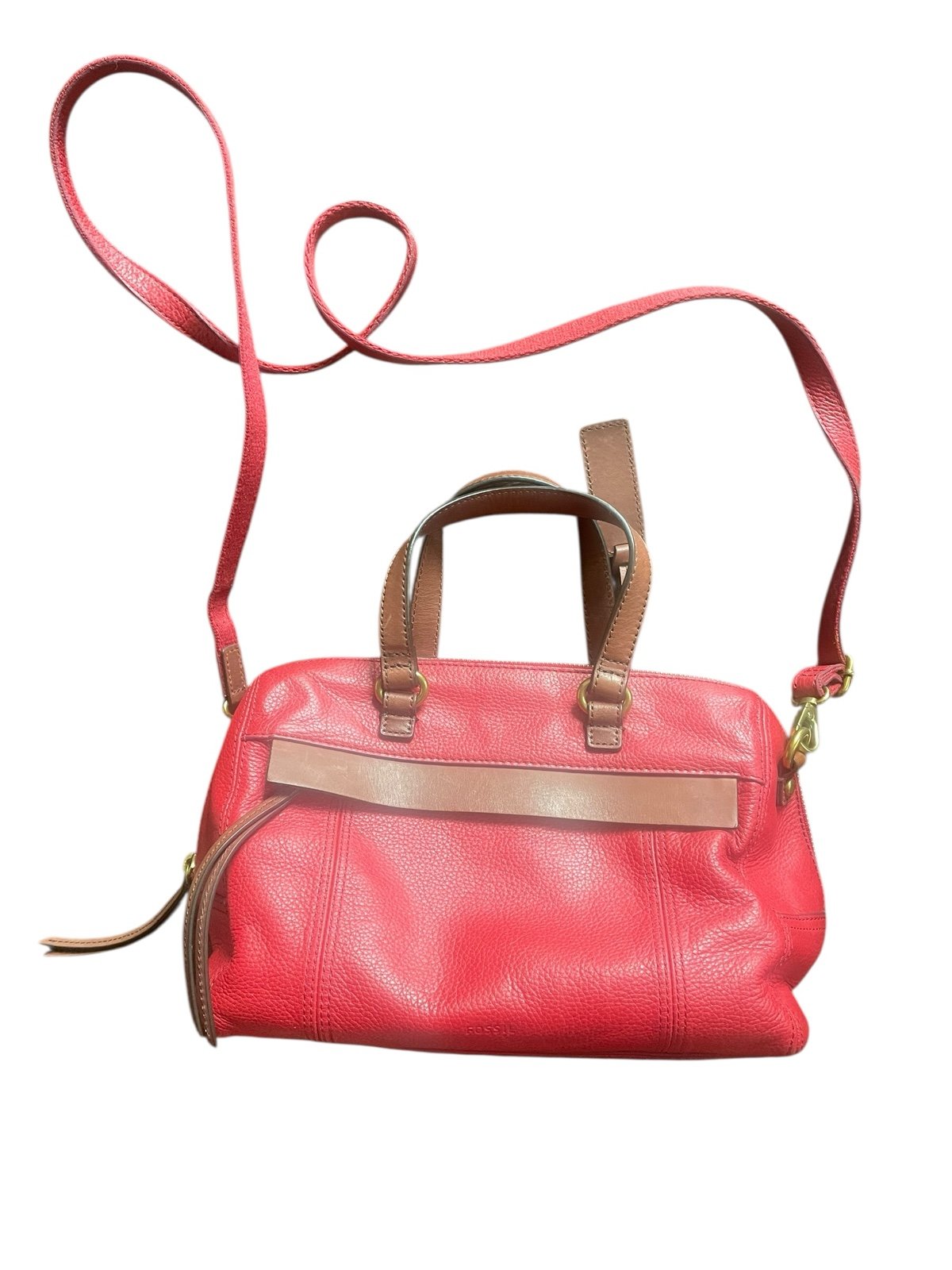 FOSSIL Red Brown Pebble Leather Satchel Shoulder Handbag Zipped Crossbody Purse