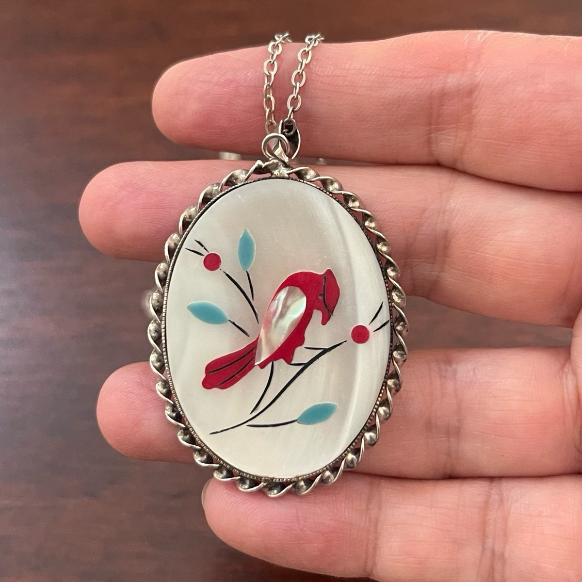 Zuni style red bird silver tone pendant & chain