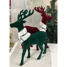 Vintage Style Large Green Red Flocked Felt Deer Reindeer Pair 18”